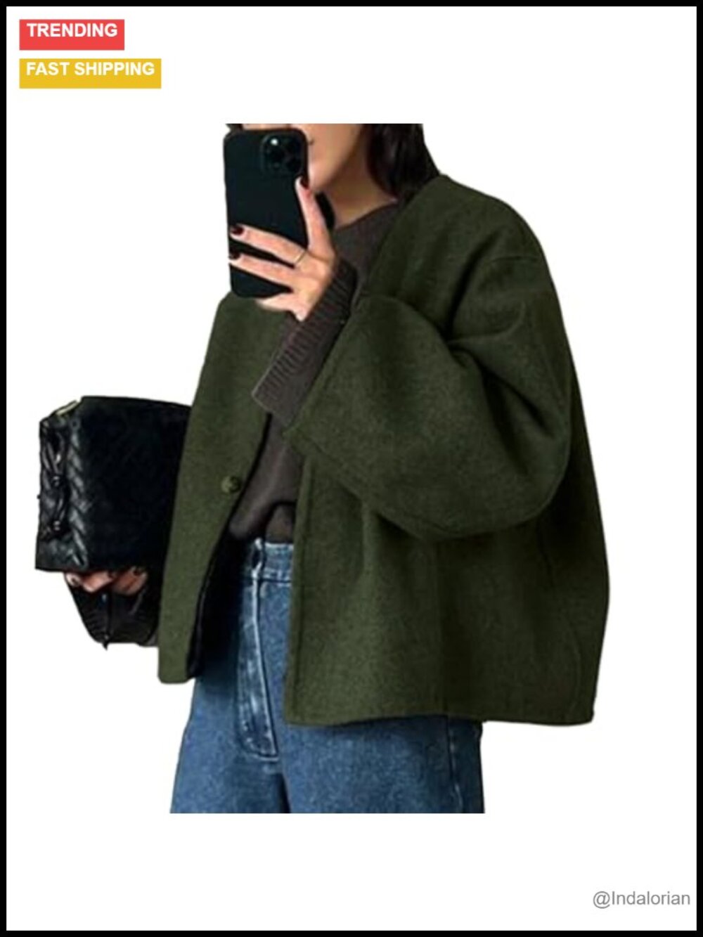 Women Cropped Wool Blend Peacoat Collarless V-Neck Button Coat